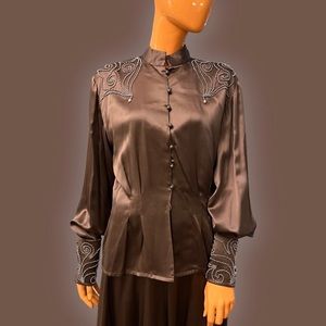 D’ORE Vintage Embellished Silk Charmeuse Blouse Puff Sleeve